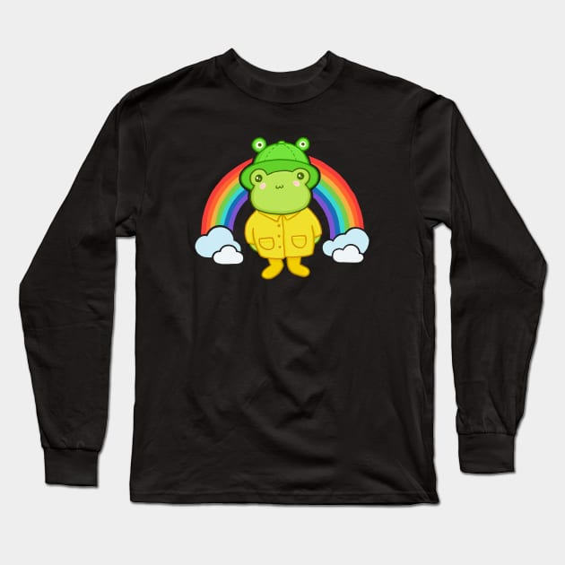 Cute Frog with Hat Rainbow Kawaii Aesthetic Cottagecore Frog. Funny Froge in froggie bucket hat. Bright rainbow colors Long Sleeve T-Shirt by Ministry Of Frogs